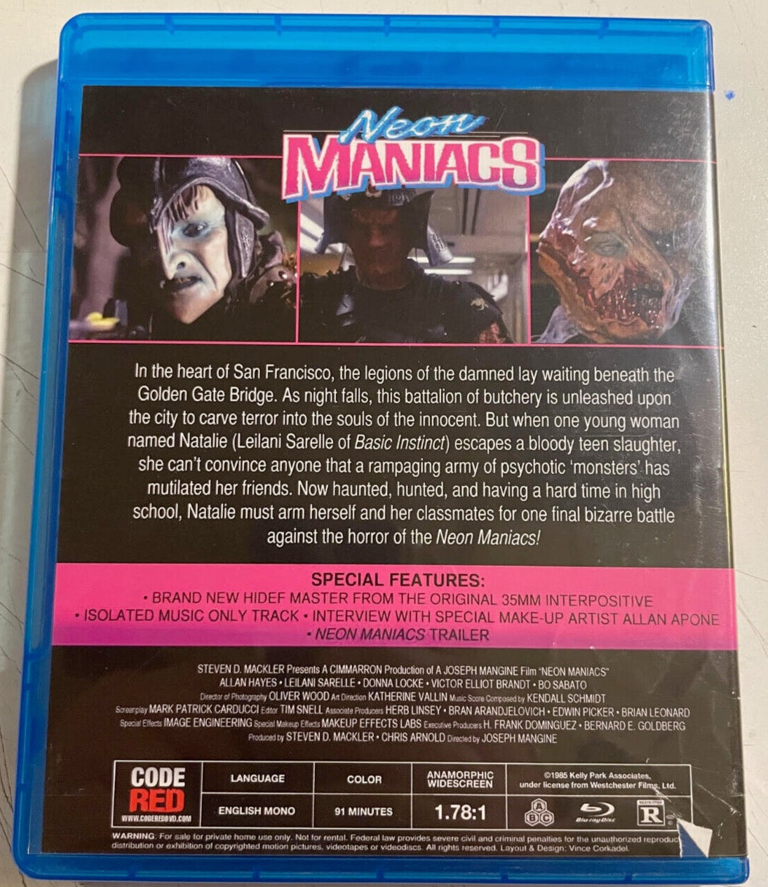 Image of Back Cover of 0534020E: Blu-ray - JOSEPH MANGINE, CLIDE HAYES, Neon Maniacs (Code Red; , US , All Regions)   VG+/VG+