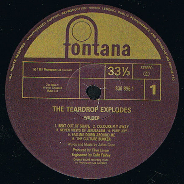 Image of Label Cover of LP - VG+/VG+ - THE TEARDROP EXPLODES, Wilder (Fontana; 836 896-1, UK 1989 Reissue, 'For Collector's Use Only' in back bottom right), ,  - 3926115E