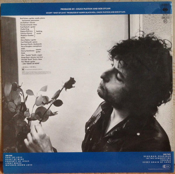Image of Back Cover of LP - VG/VG+ - BOB DYLAN, Shot Of Love (CBS Sunburst; 85178, UK 1981, Inner), A few light hairlines only. Gold promo stamp on rear.,  - 0726335E