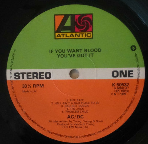Image of Label Cover of LP - VG/VG - AC/DC, If You Want Blood You've Got It (Atlantic; K 50532, UK 1978, A PORKY PRIME CUT/PECKO runouts), ,  - 3926270E