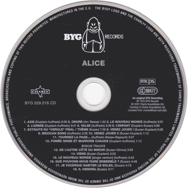 Image of Label Cover of 0534080E: CD - ALICE, Alice (BYG Records; BYG 529.016 CD, UK 2022, Gatefold Card Sleeve)   VG+/VG+