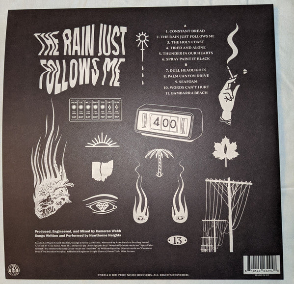 Image of Back Cover of 0544256S: LP - HAWTHORNE HEIGHTS, The Rain Just Follows Me (Pure Noise Records; PNE314, US 2021, Gatefold, Inner & Insert, Electric Blue In Clear w/ Halloween Orange Splatter Vinyl.)   VG+/VG+