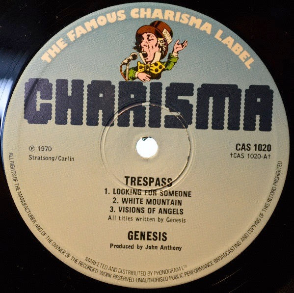 Image of Label Cover of LP - VG+/VG - GENESIS, Trespass (Charisma Blue; CAS 1020, UK 1980s Reissue, Gatefold Sleeve, Insert), Hairlines. Light corner wear.,  - 2546150S