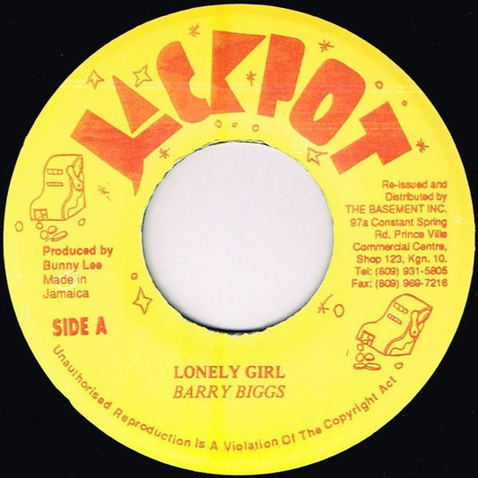 Image of Front Cover of 0524262E: 7" - BARRY BIGGS, Lonely Girl (Jackpot; , Jamaica 1990s Reissue) WOL  /VG+