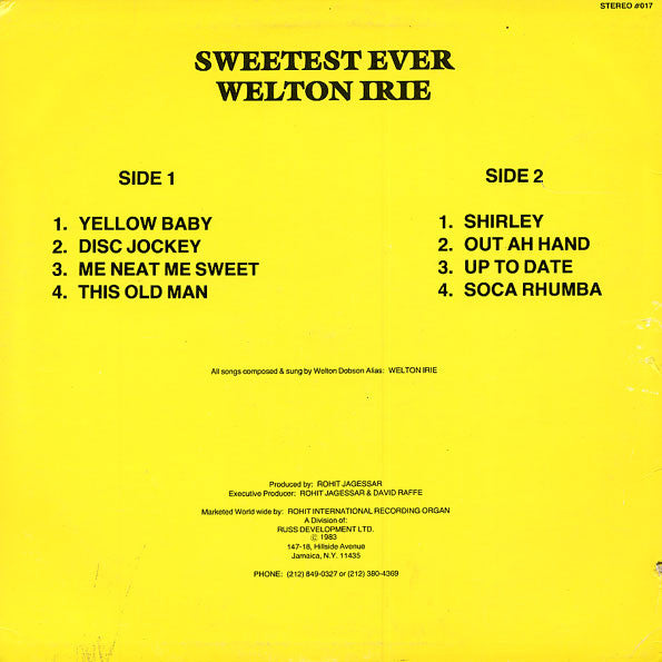 Image of Back Cover of 0514231C: LP - WELTON IRIE, Sweetest Ever (Rohit International; 017, US 1983) Top copy. Spine wear on sleeve.  VG+/EX