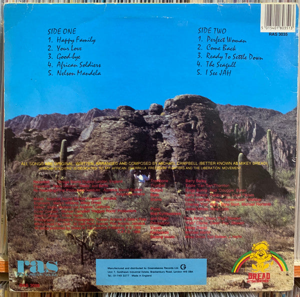 Image of Back Cover of 4345449S: LP - MIKEY DREAD, Happy Family (Real Authentic Sound; RAS 3035, UK 1989, Picture Sleeve) few faint marks both sides - minor. sticker top right front sleeve. faint edge wear  VG/VG