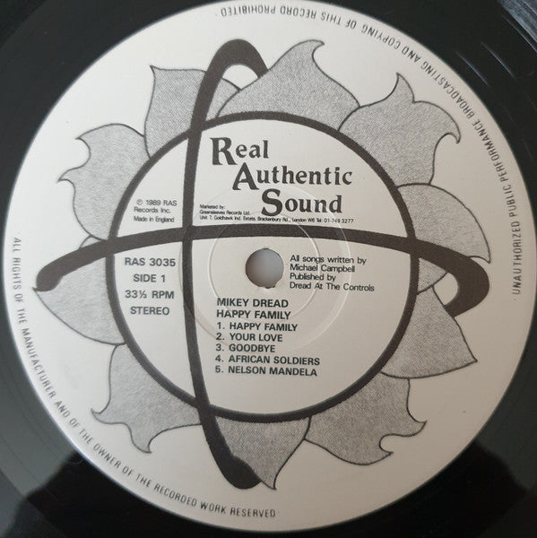 Image of Label Cover of 4345449S: LP - MIKEY DREAD, Happy Family (Real Authentic Sound; RAS 3035, UK 1989, Picture Sleeve) few faint marks both sides - minor. sticker top right front sleeve. faint edge wear  VG/VG