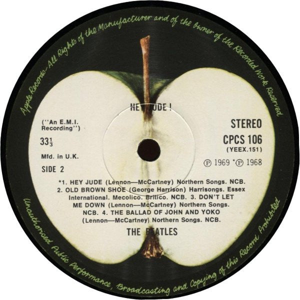 Image of Label Cover of 5024359E: LP - THE BEATLES, Hey Jude (Apple Light Green; CPCS106, UK 1969, Laminated Sleeve, Export, 3rd Pressing, Harrisongs Publishing for Old Brown Shoe)   VG+/VG