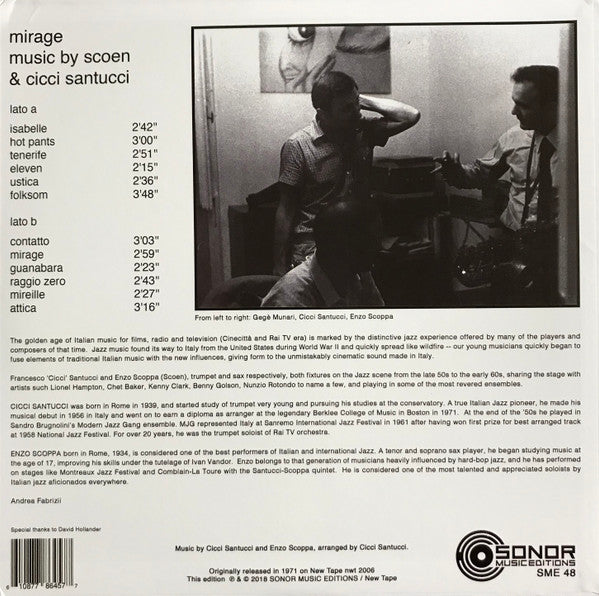 Image of Back Cover of 3444138 S: LP - CICCI SANTUCCI, ENZO SCOPPA, Mirage (Sonor Music Editions; SME 48, Italy 2018 Reissue, Pasteback Sleeve, Limited edition 500 copies. 180 Gram vinyl) Sealed with creases on both top corners.  VG/M