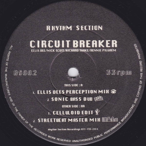 Image of Front Cover of 12" - /VG - RHYTHM SECTION, Circuit Breaker (Rhythm Section Recordings; RS002, UK 1991), , A1  Circuit Breaker (Ellis Dee's Perception Mix)	A2  Circuit Breaker (Sonic Bass Dub)	B1  Circuit Breaker (Celluloid Edit)	B2  Circuit Breaker (Streetbeat Master Mix) - 2346259S