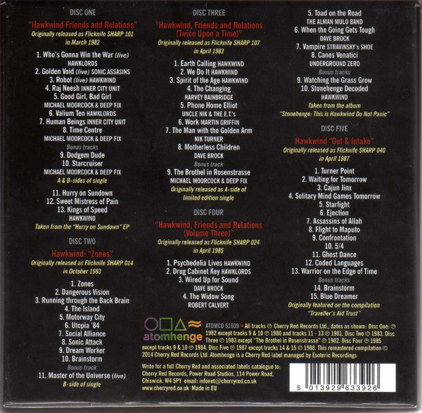 Image of Back Cover of 0654013S: 5xCD - HAWKWIND, The Flicknife Years   1981-1988 (Atomhenge; ATOMCD 51039, UK 2014, Box Set) Sticker From Shrink Wrap Stuck To Back Of The Box  VG/EX