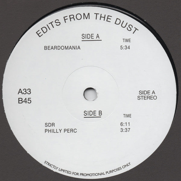 Image of Front Cover of 12" - /VG - BEARD IN DUST, Edits from The Dust (Edits From ; EF004, UK 2019, Promo, Plain Sleeve, Black Inner), Strong VG, plays VG+, A - BeardomaniaB1 - SDRB2 - Philly Perc - 3746431S