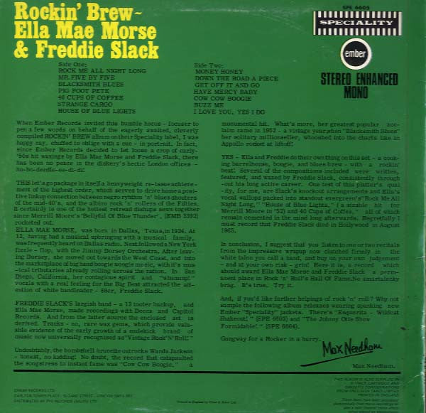 Image of Back Cover of LP - VG+/VG+ - ELLA MAE MORSE / FREDDIE SLACK, Rockin' Brew (Speciality; SPE 6605, UK 1969, Laminated Front Sleeve), ,  - 2926187E