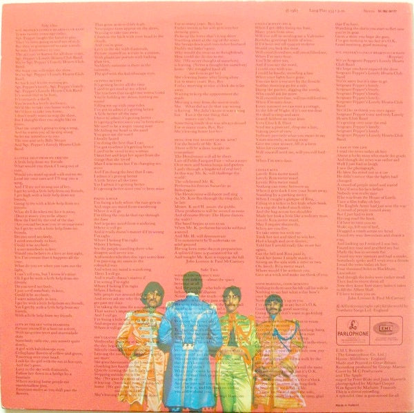 Image of Back Cover of LP - VG+/VG - THE BEATLES, Sgt. Pepper's Lonely Hearts Club Band (Parlophone; 5C 062-04177, Netherlands 1979, Laminated Gatefold Sleeve, Insert, Stereo, Yellow Vinyl), Strong VG, Insert Has Marks On Rear Where It Has Been Stuck To A Wall,  - 3726186E