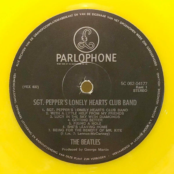 Image of Label Cover of LP - VG+/VG - THE BEATLES, Sgt. Pepper's Lonely Hearts Club Band (Parlophone; 5C 062-04177, Netherlands 1979, Laminated Gatefold Sleeve, Insert, Stereo, Yellow Vinyl), Strong VG, Insert Has Marks On Rear Where It Has Been Stuck To A Wall,  - 3726186E