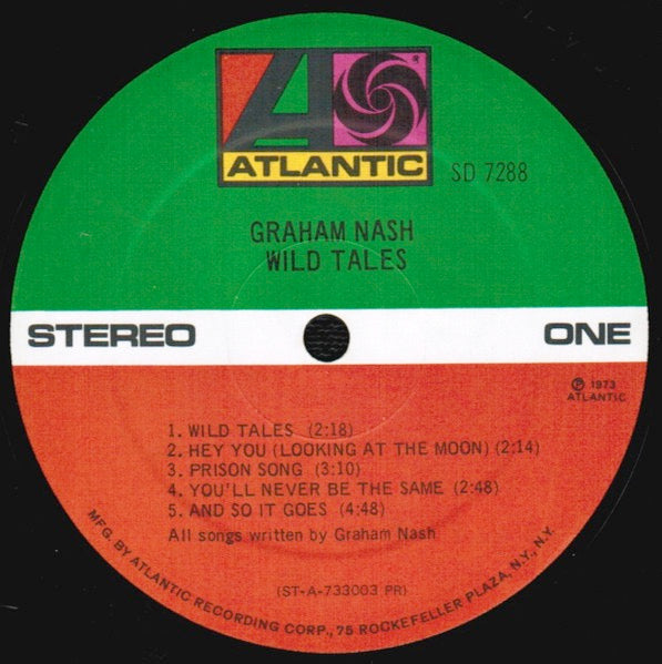 Image of Label Cover of 2515262C: LP - GRAHAM NASH, Wild Tales (Atlantic Orange & Green; SD7288, US 1973, Textured Sleeve, Textured Inner)   VG/G