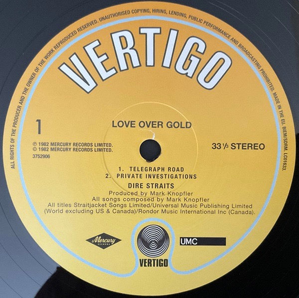 Image of Label Cover of LP - NEW/NEW - DIRE STRAITS, Love Over Gold (Vertigo; 3752906, USA & Canada 2023 Reissue, Inner), ,  - 1036132E