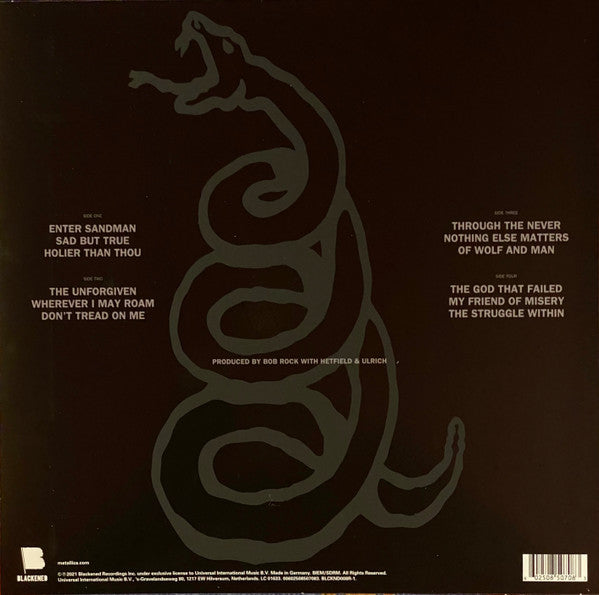 Image of Back Cover of 0654113S: 2xLP - METALLICA, Metallica (Blackened; BLCKND008R-1, Europe 2021, Insert, Download Code)   NEW/NEW