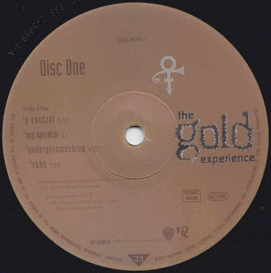 Image of Label Cover of 2014121C: 2xLP - THE ARTIST (FORMERLY KNOWN AS PRINCE), The Gold Experience (Warner Bros. Records; 9362-45999-1, Europe 1995, 2 Inners) Light marks only. Indented marks and scuffs on sleeve; top edge pinched near corner  VG/VG