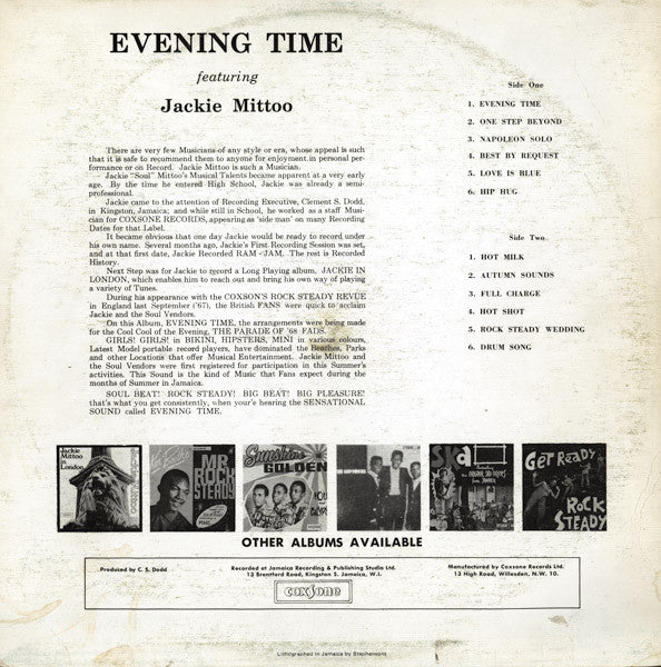 Image of Back Cover of LP - VG/VG - JACKIE MITTOO AND THE SOUL VENDORS, Evening Time (Coxsone Records; CSL 8012, Jamaica Reissue), Light marks, light fog from press, plays with light background like all copies. Very enjoyable. Sleeve is in shrink but shows ringwear on the back.,  - C