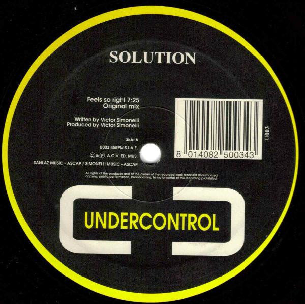 Image of Front Cover of 5114325C: 12" - SOLUTION, Feels So Right (Undercontrol; U003, Italy 1993, Company Sleeve) Stamp and writing in marker pen on labels. Sleeve has heavy wear and is taped on two sides  G/G