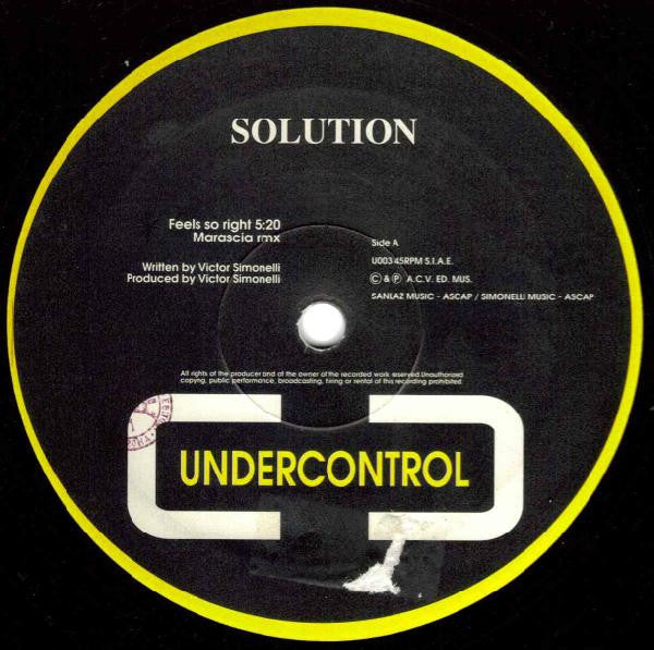 Image of Back Cover of 5114325C: 12" - SOLUTION, Feels So Right (Undercontrol; U003, Italy 1993, Company Sleeve) Stamp and writing in marker pen on labels. Sleeve has heavy wear and is taped on two sides  G/G