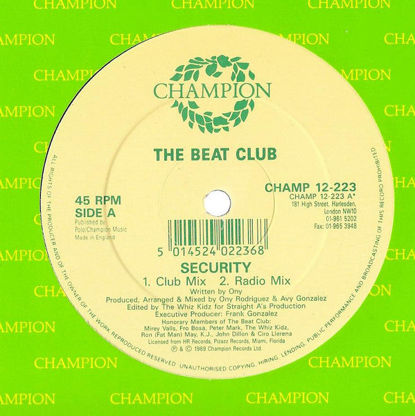Image of Front Cover of 12" - VG+/VG - THE BEAT CLUB, Security (Champion ; CHAMP 12-223, UK 1989, Company Sleeve), light marks only. original company sleeve,  - 4246054S