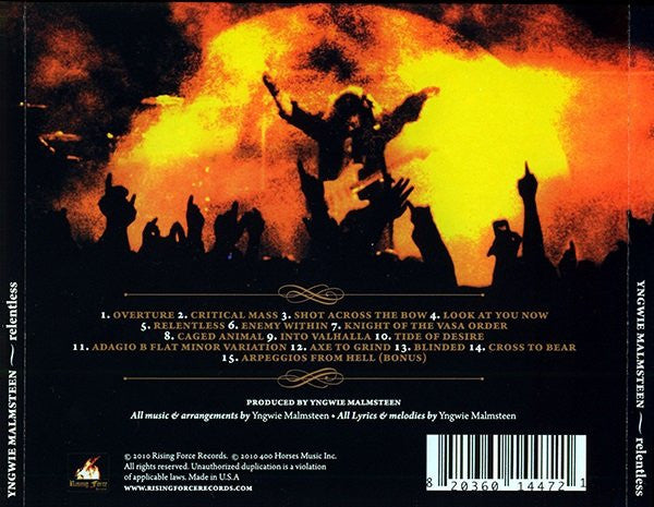 Image of Back Cover of CD - VG+/VG+ - YNGWIE MALMSTEEN, Relentless (Rising Force Records; RFR CD 06, US 2010, Jewel Case), ,  - 4036047E