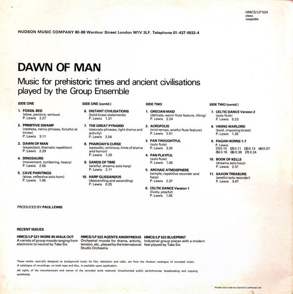 Image of Back Cover of 0724342E: LP - PAUL LEWIS, THE GROUP ENSEMBLE, Dawn Of Man (Hudson Music Company; HMCS/LP 524, UK 1980)   VG/VG