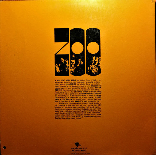 Image of Back Cover of 3424120E: LP - ZOO, Zoo (Riviera; 521118, France 1970, Laminated Gatefold Sleeve) Sticker Residue on Sleeve, Small Seam Split, Slight Staining Inside Gatefold  VG/VG