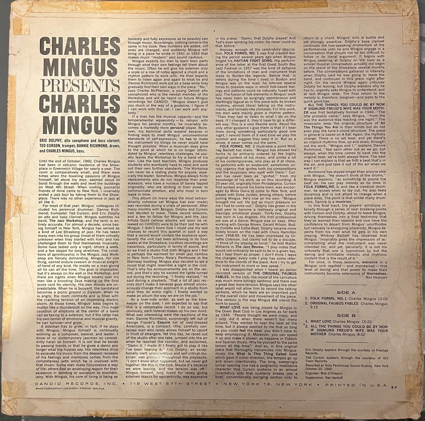 Image of Back Cover of 0824028E: LP - CHARLES MINGUS, Presents Charles Mingus (Candid (Solid Orange Deep Groove); CJM 8005, US 1960s, Flipback Sleeve, Mono) Many light hairlines - plays with surface noise throughout. Sleeve has wear, splits, tape, creases, ringwear and small patch of peel/damage to front.  G/G+