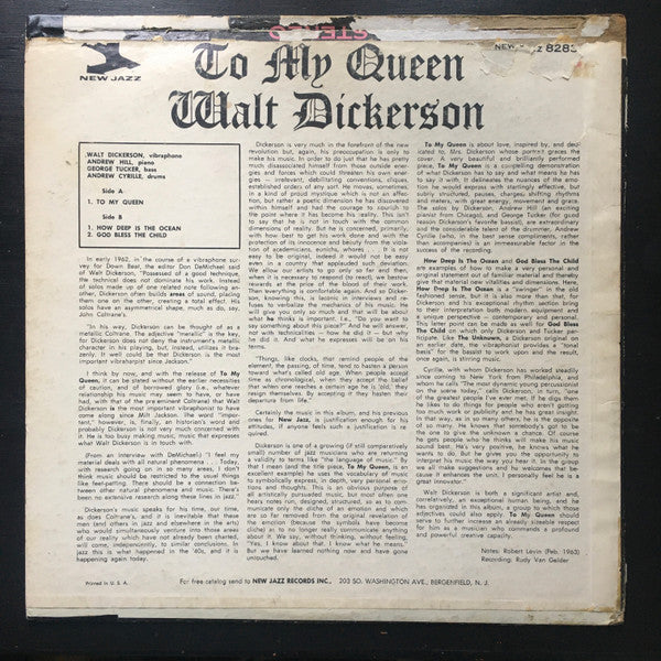 Image of Back Cover of 0824029E: LP - WALT DICKERSON, To My Queen (New Jazz (No 'Side 1/2' on labels); NJ 8283, US 1963, Pasteback Sleeve, Mono) Light hairlines/marks and one small  mark towards start of A side that causes a couple light clicks. Visually not too bad however plays with noticeable surface noise throughout. Cover has edgewear, ringwear, pen mark in corner of reverse, cellotape along top edge and a wide piece of black ductape along whole spine. US import sticker in one corner of front.  G+/G