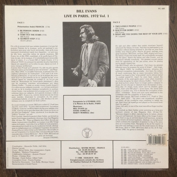 Image of Back Cover of LP - VG/VG+ - BILL EVANS, Live In Paris 1972 Vol. 1 (France's Concert; FC 107, France 1988, Picture Sleeve, Recorded on February 6, 1972 at the Maison de la Radio, Paris.), ,  - 3226014E