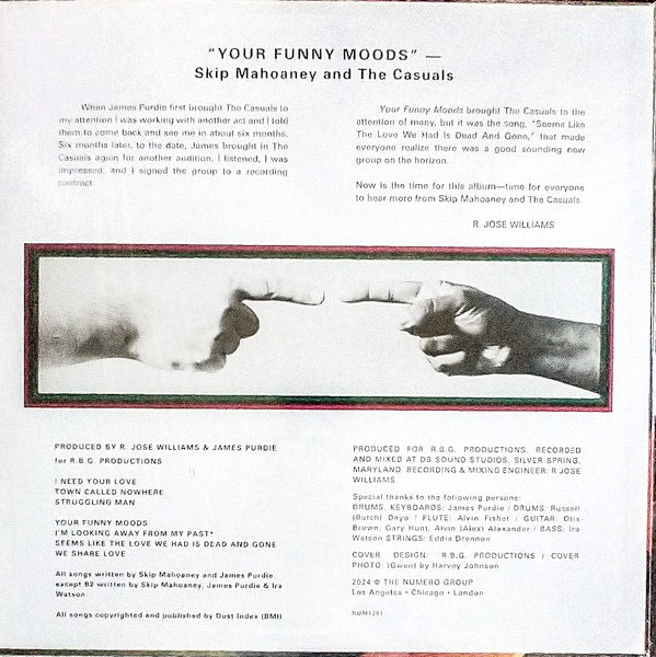 Image of Back Cover of 0814046C: LP - SKIP MAHOANEY AND THE CASUALS, Your Funny Moods (Numero Group; NUM 1281, US 2024 Reissue, Inner, Purdie Green Smoke Vinyl)   NEW/NEW