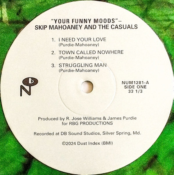 Image of Label of 0814046C: LP - SKIP MAHOANEY AND THE CASUALS, Your Funny Moods (Numero Group; NUM 1281, US 2024 Reissue, Inner, Purdie Green Smoke Vinyl)   NEW/NEW