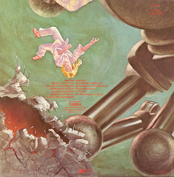 Image of Back Cover of LP - VG/VG - QUEEN, News Of The World (EMI; EMA 784, UK 1977, Gatefold, Die Cut Inner with Rounded Corners, No "Nick W" Runout), Strong VG, Big Corner Cut on Inner,  - 3926269E