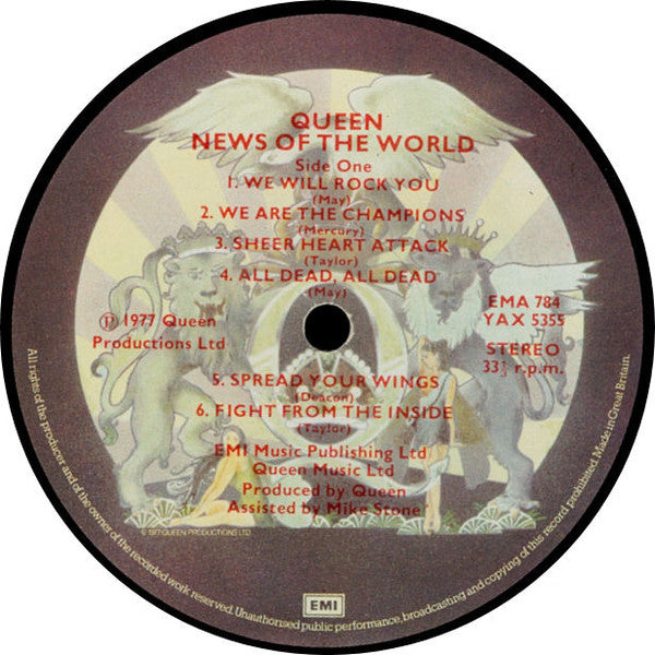 Image of Label Cover of LP - VG/VG - QUEEN, News Of The World (EMI; EMA 784, UK 1977, Gatefold, Die Cut Inner with Rounded Corners, No "Nick W" Runout), Strong VG, Big Corner Cut on Inner,  - 3926269E