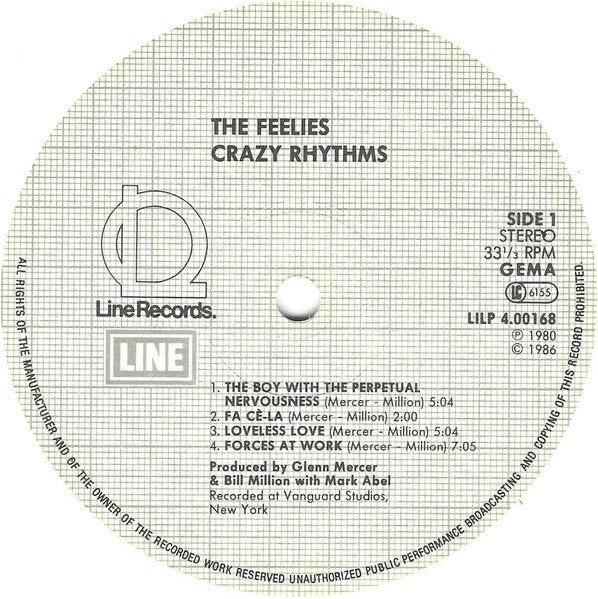 Image of Label Cover of LP - VG+/VG+ - THE FEELIES, Crazy Rhythms (Line Records ; LILP 4.00168 J, Germany 1986 Reissue, White Vinyl), Still In Shrinkwrap,  - 1216036C