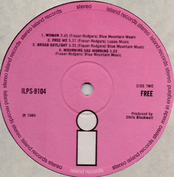 Image of Label Cover of 2324356E: LP - FREE, Free (Island Pink/i logo; ILPS9104, UK 1969, Gatefold, Sleeve Printed and made by E. J. day, London, Chris Blackwell Label Credit Is Not All Capitals)   VG/VG