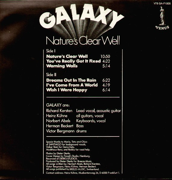 Image of Back Cover of 0824260E: LP - GALAXY, Nature's Clear Well (Venus; V78 GA-F1005, Germany 1978, Laminated Front Sleeve) Strong VG+, Cut-out (Hole punched)  VG+/VG+