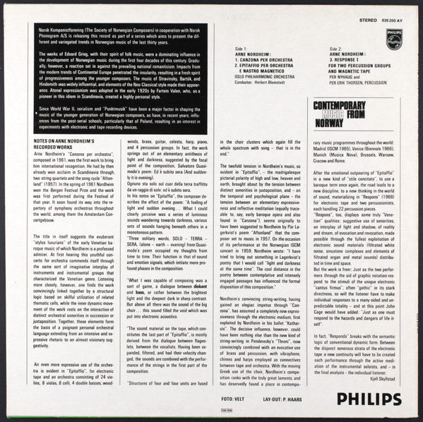 Image of Back Cover of 0824256E: LP - ARNE NORDHEIM, Contemporary Music From Norway (Philips ; 839.250 AY, Norway 1967) Strong VG, Sticker On Rear Sleeve, Stamp On Label  VG/VG