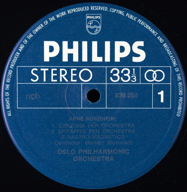 Image of Label Cover of 0824256E: LP - ARNE NORDHEIM, Contemporary Music From Norway (Philips ; 839.250 AY, Norway 1967) Strong VG, Sticker On Rear Sleeve, Stamp On Label  VG/VG