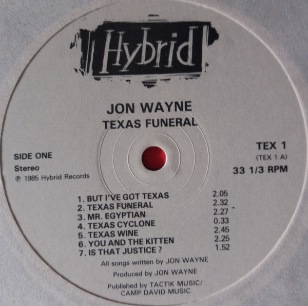 Image of Label Cover of LP - G+/VG - JON WAYNE, Texas Funeral (Hybrid Records; TEX-1, UK 1985), Large Sticker Damage To Sleeve,  - 4246443S