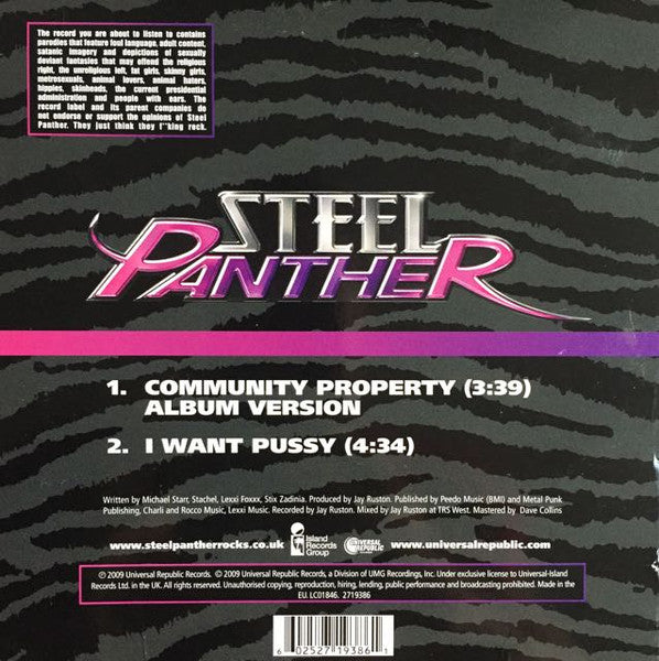 Image of Back Cover of 0724452E: 7" EP - STEEL PANTHER, Community Property / 	I Want Pussy (Island Records Group ; 2719386, UK 2009, Picture Sleeve) Slight Sticker Damage To Sleeve  VG+/VG+