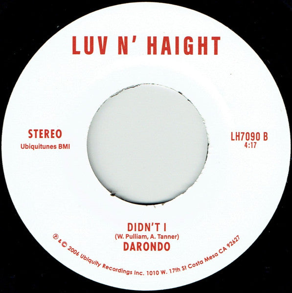 Image of Back Cover of 7" - /EX - DARONDO, Listen To My Song / Didn't I (Luv N' Haight; LH7090, US 2019 Reissue, Stereo), ,  - 2056124S