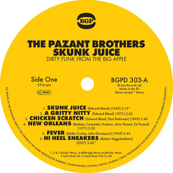 Image of Label of 0854353S: LP - THE PAZANT BROTHERS, Skunk Juice : Dirty Funk From The Big Apple (BGP Records; BGPD 303, UK 2017)   NEW/NEW