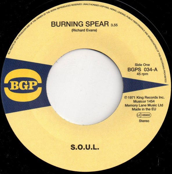 Image of Front Cover of 0814396C: 7" - S.O.U.L., Burning Spear (BGP Records; BGPS 034, UK 2007)   NEW/NEW