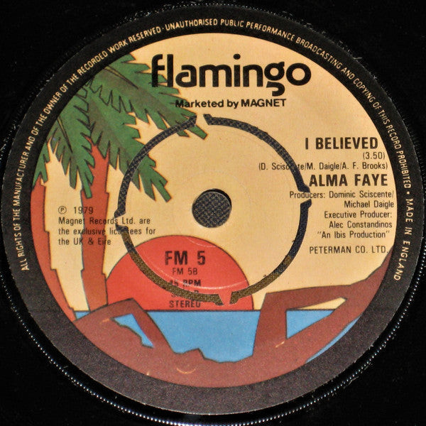 Image of Back Cover of 0854152S: 7" - ALMA FAYE, Don't Fall In Love / I Believed (Flamingo; FM 5, UK 1979, Promo, Company Sleeve, Promo has capital "A" in matrix) Light inaudible marks   VG+/VG+