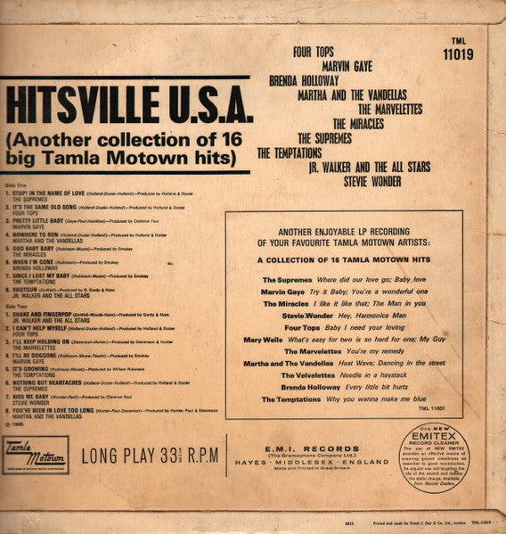 Image of Back Cover of LP - G+/G+ - VARIOUS MOTOWN ARTISTS, Hitsville U.S.A. (Tamla Motown; TML11019, UK 1965, Flipback Sleeve, Company Inner, Mono), Marks on disc. Plays well. Multiple creases on sleeve,  - 2326082E