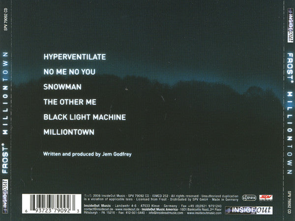 Image of Back Cover of 0854451S: CD - FROST*, Milliontown (Inside Out Music; IOMCD 252, Germany 2006, Jewel Case)   VG+/VG+